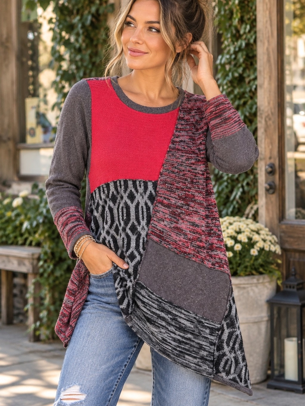 Style & Co. Patchwork Scoop Neck Tunic in Red and Gray